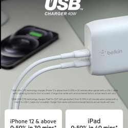 Belkin 40W (20W + 20W) Dual Port USB-C PD Wall Charger | Fast Charging for iPhone 16, 16 Plus, 16 Pro, 16 Pro Max, 15, 15 Pro, 15 Pro Max, iPhone 14 Series, Galaxy S24 Ultra, iPad, AirPods & More (Open Box)