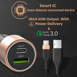 Duracell 65W Fast Car Charger Adapter with Dual Output. Quick Charge, Type C PD 45W & Qualcomm Certified 3.0 20W, Compatible for iPhone, All Smartphones, Tablets & More (Copper & Black) (Open Box)