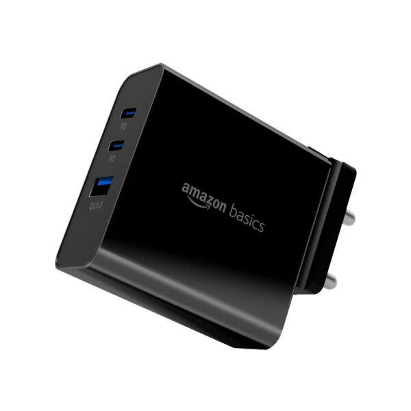 Amazon Basics 65W Triple Port GaN Charger | PD 3.0, QC3.0, QC4.0/PPS Fast Charging Ports | Compact Adapter with Foldable Pins | Compatible with All Flagship Apple/Android Phones and laptops (Open Box)