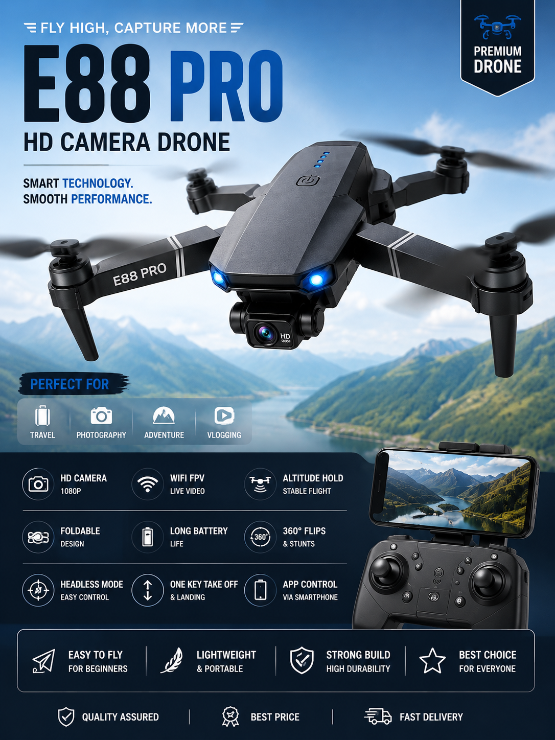 E88 Pro HD camera drone promotional poster featuring foldable FPV drone with smart flight technology, WiFi control, aerial photography features, and premium drone branding design.
