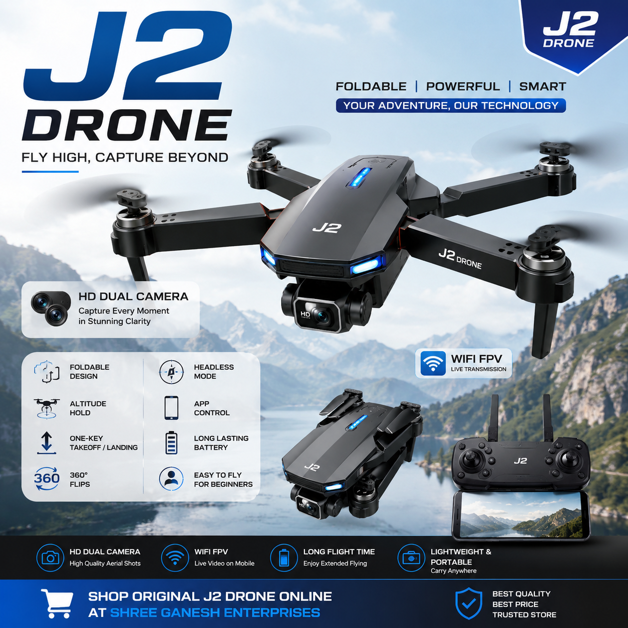 J2 Drone foldable HD camera FPV drone with dual camera, WiFi control, and portable aerial photography features.