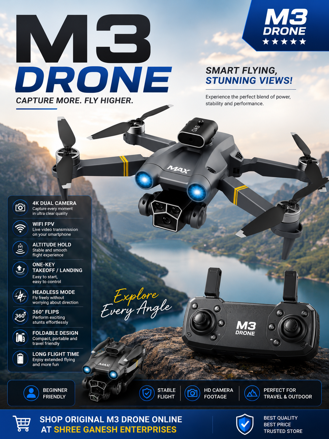 M3 Drone foldable 4K dual camera FPV drone with remote controller, WiFi live transmission, altitude hold, and smart aerial photography features.
