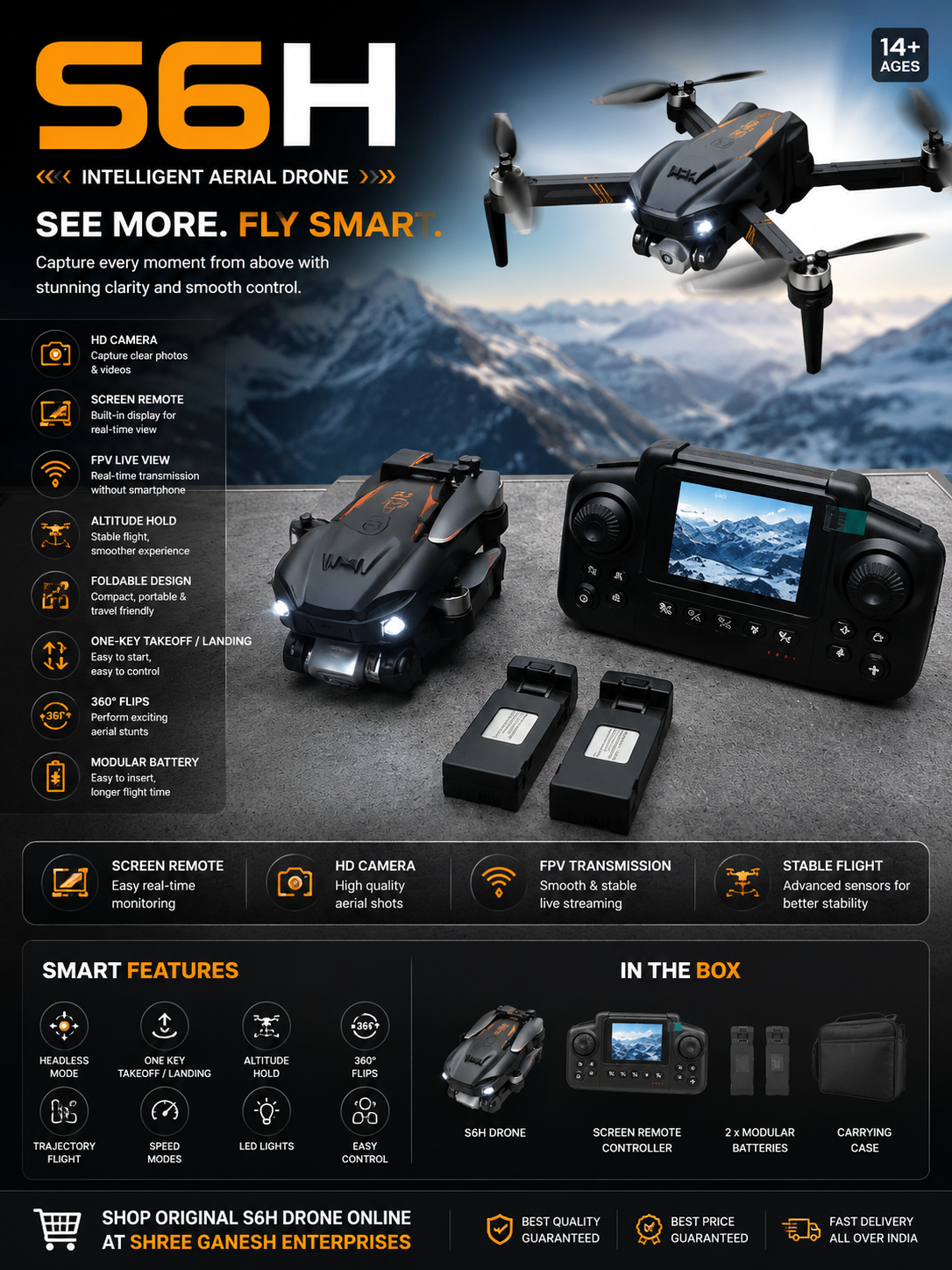 S6H Drone foldable HD camera drone with screen remote controller, FPV live transmission, altitude hold, and smart flying features.