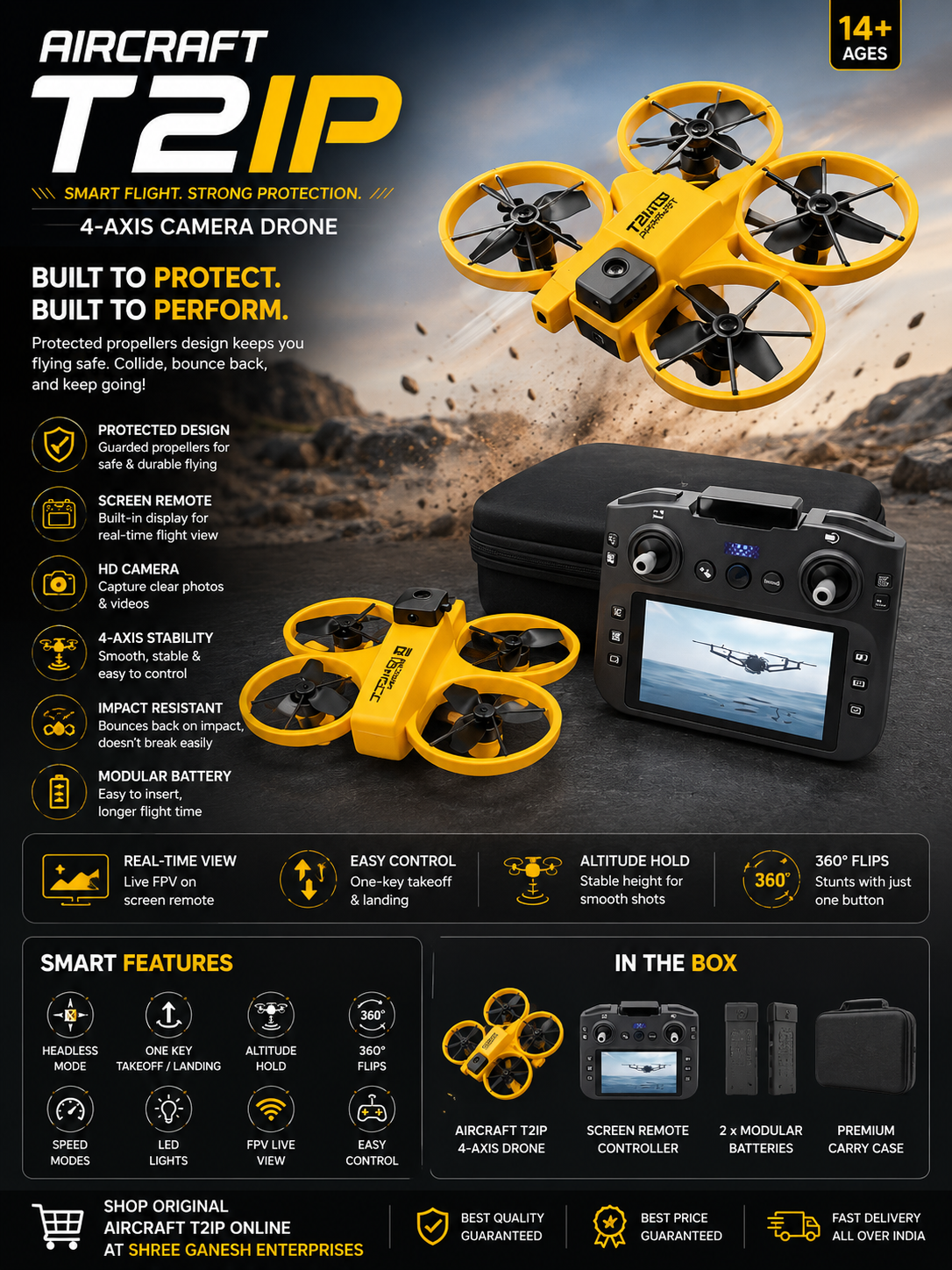 Aircraft T2IP Drone with screen remote controller, protected propeller design, FPV live view, and smart flying features.